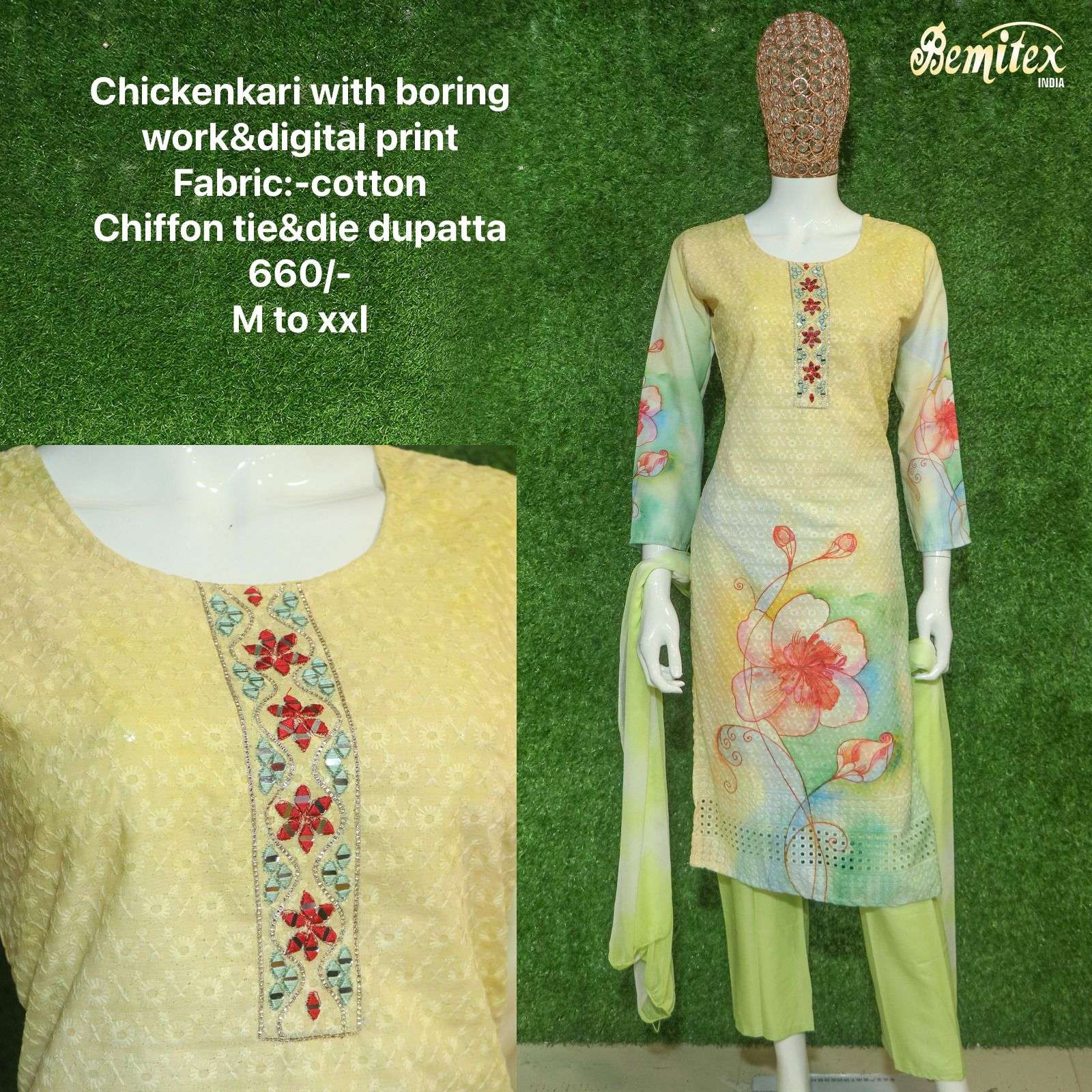 PURE COTTON CHIKANKARI WITH DIGITAL PRINT ORIGANAL MIRROR WORK WHOLESALE KURTI PANT DUPATTA